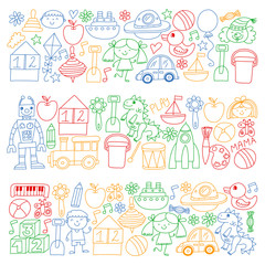 Kindergarten preschool school children. Kids drawing style vector pattern. Play grow learn together.