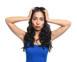 Stressed Asian woman on white background