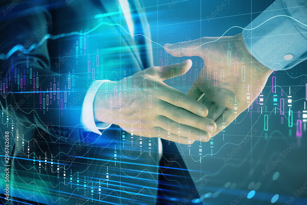 Poster multi exposure of forex graph on abstract background with two businessmen handshake. concept of succ