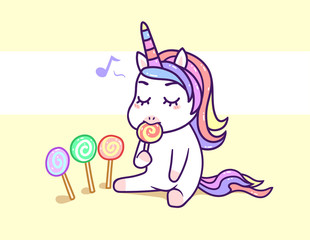 Kawaii little unicorn eating sweet lollipop pastel color, happy cartoon vector