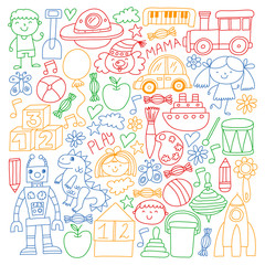 Kindergarten preschool school children. Kids drawing style vector pattern. Play grow learn together.