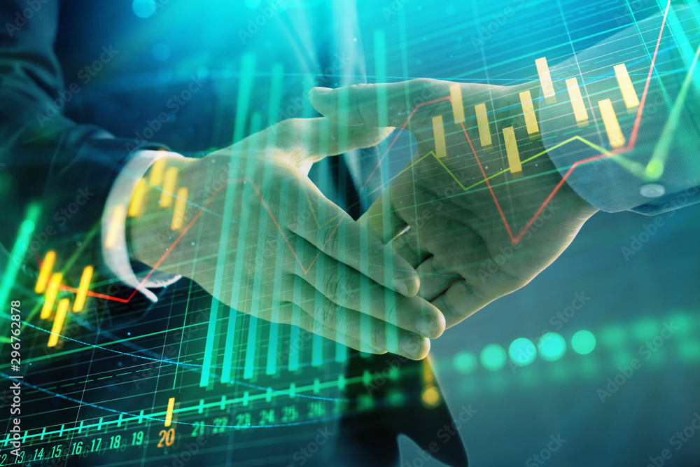 Poster multi exposure of forex graph on abstract background with two businessmen handshake. concept of succ