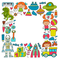 Obraz na płótnie Canvas Kindergarten preschool school children. Kids drawing style vector pattern. Play grow learn together.