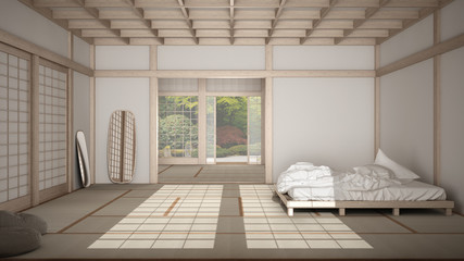 Zen japanese empty minimalist bedroom, wooden roof, tatami floor, futon, double bed, big window on zen garden, meditative space, peace, calm, yoga relaxing room, suite interior design