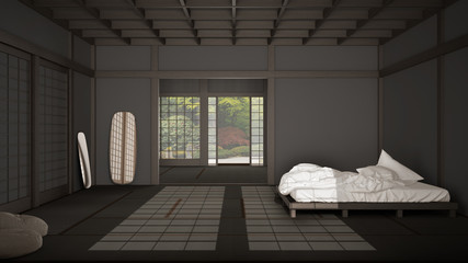 Zen japanese empty minimalist bedroom, wooden roof, tatami floor, futon, double bed, big window on zen garden, meditative space, peace, calm, yoga relaxing room, suite interior design