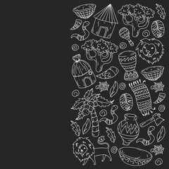 Vector african tribal pattern for banner and posters. Icons of animals and traditional elements for children fabric, clothes, textile. Travel and adventure