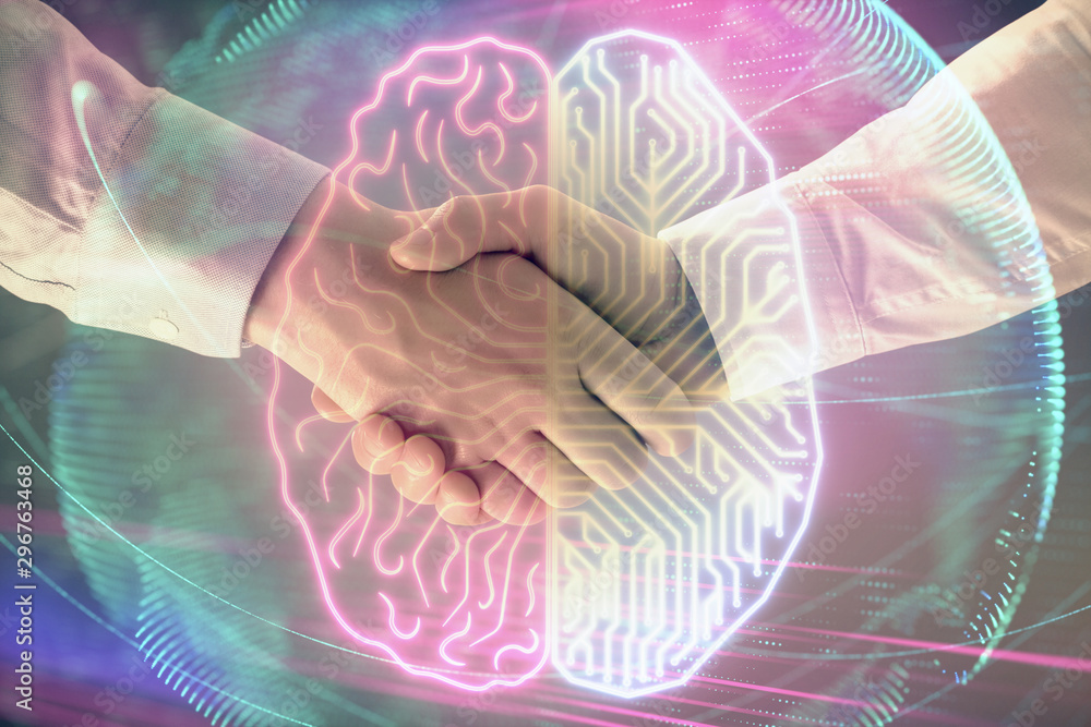 Poster multi exposure of human brain drawing on abstract background with two men handshake. concept of data