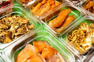ready food at food court. Various ready-made meals in palastik containers