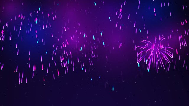 Colorful fireworks on a dark blue background. Bright fireworks in the night sky with stars. Beautiful festive sky for bright design. Animated background, seamless loop