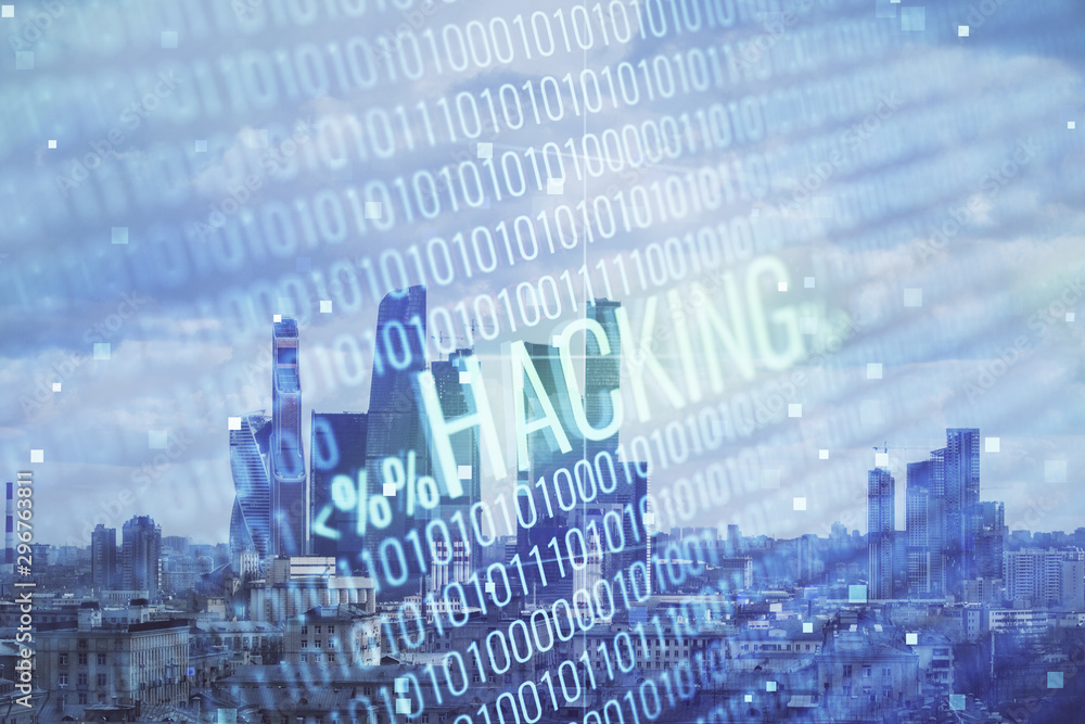 Poster double exposure of hacking theme drawing hologram on cityscape background. concept of data cyber pir