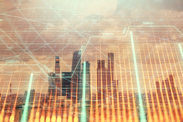 Double exposure of financial graph on downtown veiw background. Concept of stock market research and analysis
