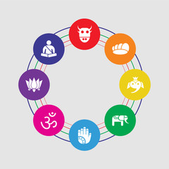 8 colorful round icons set included meditation, lotus, om, henna painted hand, elephant, ganesha, conch shell, sac cow