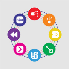 Obraz premium 8 colorful round icons set included left arrow, backward, right arrow, sort, drag, right arrow, multiply, multiply