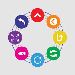 Obraz premium 8 colorful round icons set included back, expand, backspace, spin, transfer, return, left arrow, up arrow