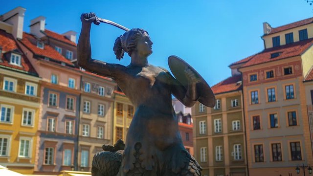 Mermaid Statue in the center of Old City Warsaw, Poland. Filmed in 4K High Dynamic Range RAW.