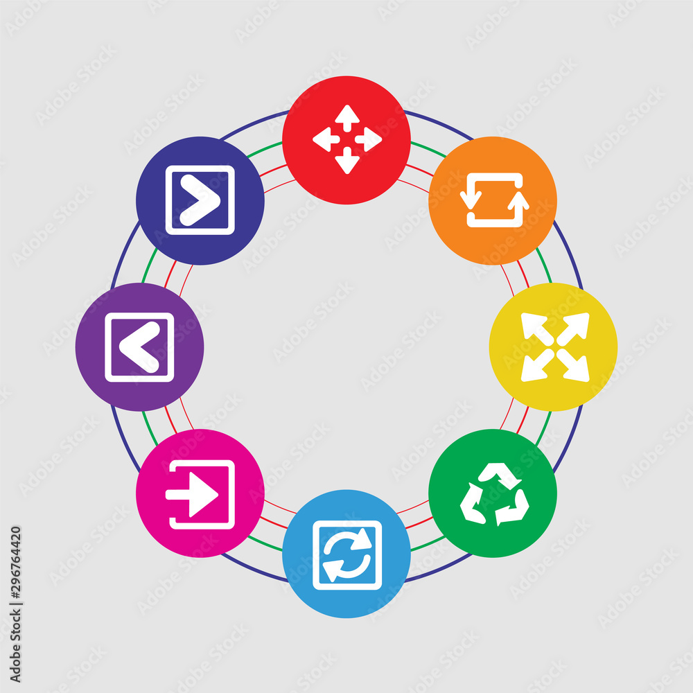 Poster 8 colorful round icons set included skip track, backward arrow, enter left, loading arrows, three cu