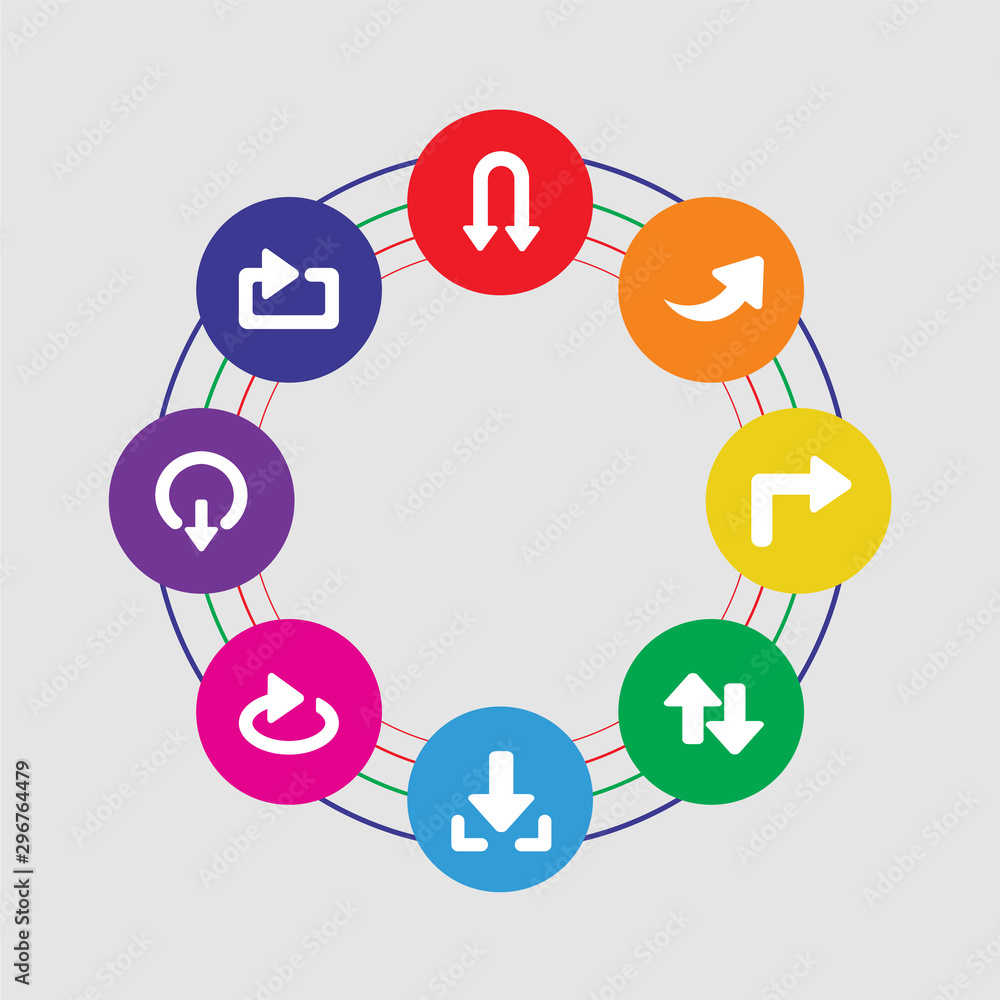 Poster 8 colorful round icons set included looping arrow, exit down, no shuffle, download arrow with line, 