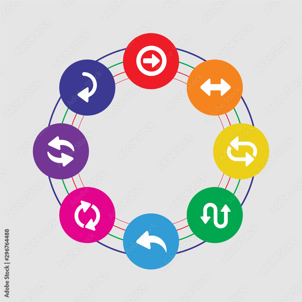 Poster 8 colorful round icons set included left curve, left right, loop arrows, curved left arrow, curved a