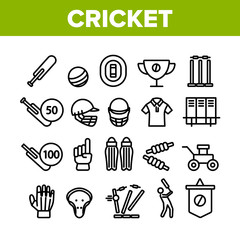 Cricket Collection Game Elements Icons Set Vector Thin Line. Player Silhouette And Helmet, Ball And Bat, Goblet And Cricket Equipment Concept Linear Pictograms. Sport Monochrome Contour Illustrations