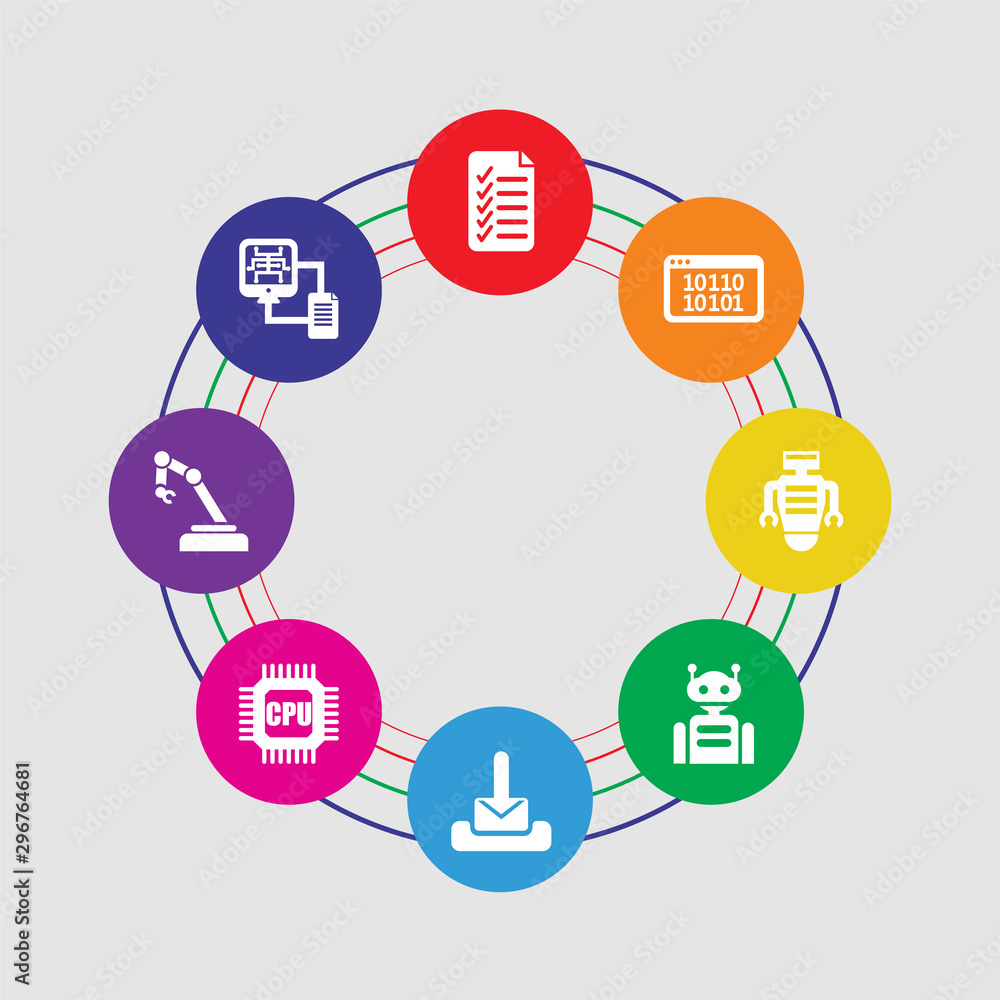 Poster 8 colorful round icons set included file transfer, mechanical arm, cpu, mail, robot, robot, binary c