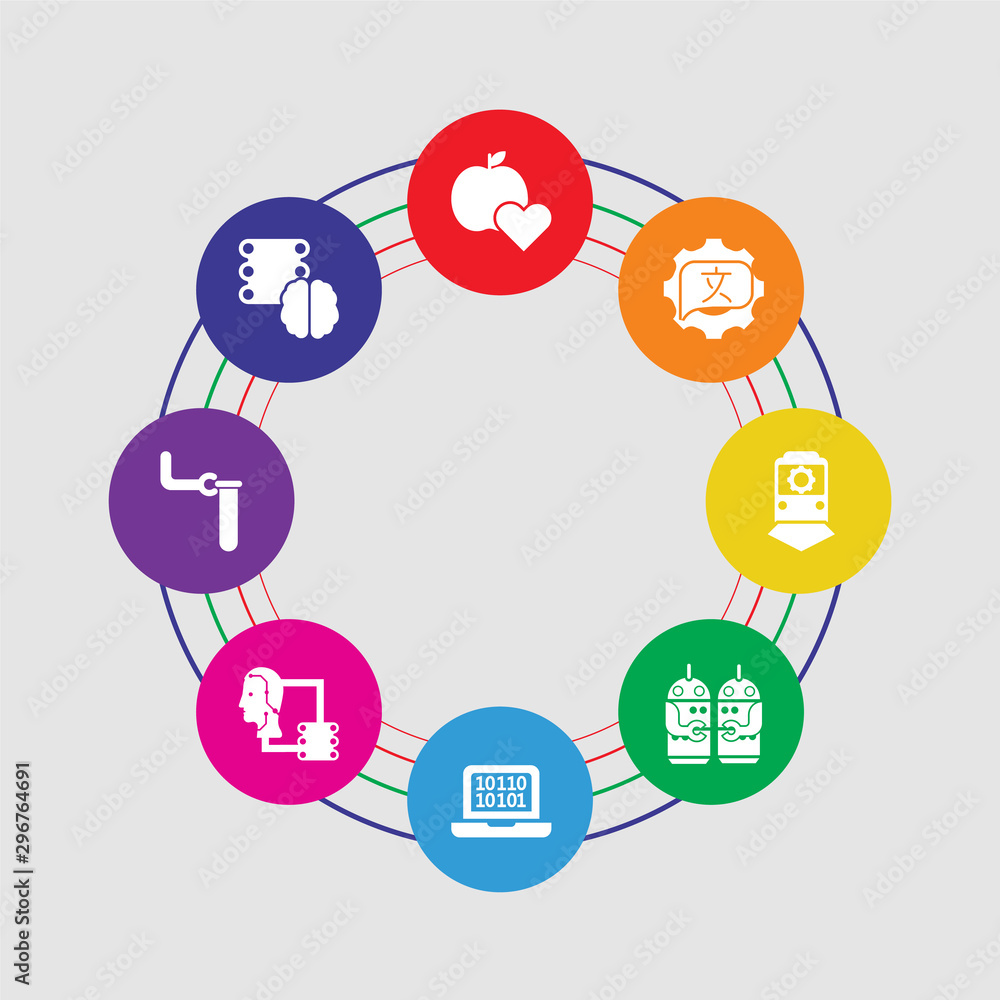 Poster 8 colorful round icons set included servers, science, data transfer, binary code, robots, train, spe