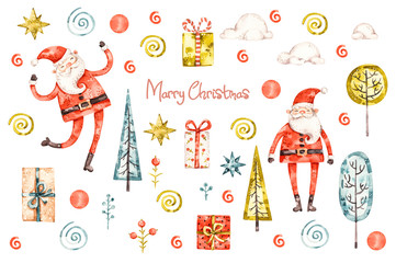 Christmas nursery set with happy cute Santa Claus for celebration decoration design. Watercolor naive handpainted illustration . Winter xmas illustration. Illustration isolated. Christmas decoration.