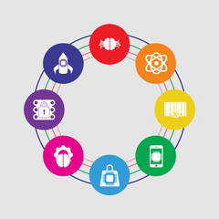8 colorful round icons set included rocket, secure data, brain, shopping bag, smartphone, motorway, science, network