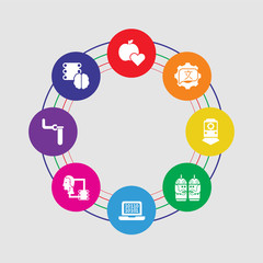 8 colorful round icons set included servers, science, data transfer, binary code, robots, train, speech bubble, healthcare