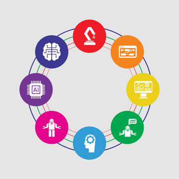 8 colorful round icons set included artificial intelligence, artificial intelligence, robot, artificial intelligence, piction, data analysis, algorithm, mechanical arm