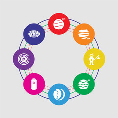 8 colorful round icons set included galaxy view, solar system, space capsule, earth and moon, uranus with satellite, astronaut and flag, mars with satellite, neptune with satellite