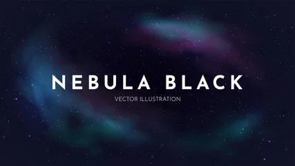 Fotobehang Vector realistic illustration. Night cosmic sky. Wallpaper. Nebula in space. Template for website or game. Abstract banner. Dark starry background. Milky Way. Minimalistic style. Copy space for text © VVadi4ka