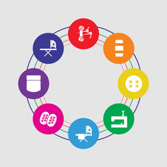 8 colorful round icons set included ironing, leather, fabric, ironing board, sewing machine, button, thread, knitting neddles