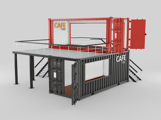 Converted old shipping container into cafe, 3d Illustration isolated gray