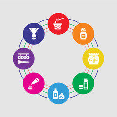 8 colorful round icons set included brush, concealer, moisturizer, cream, deodorant, eye shadow, foam, honey