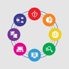 8 colorful round icons set included file transfer, database, responsive, visualization, analytics, coding, analytics, security