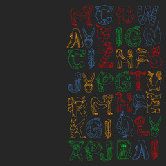 Animal alphabet. Zoo alphabet. Letters from A to Z. Cartoon cute animals. Elephant, dog, flamingo, giraffe, horse, alligator, bear, cat.