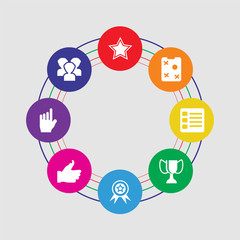 8 colorful round icons set included audience, hand, thumb up, medal, trophy, list, strategy, star