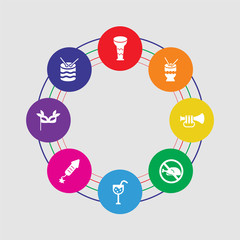 8 colorful round icons set included drum, eye mask, fireworks, cocktail, lent, trumpet, drum, drum