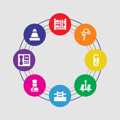 8 colorful round icons set included room service, 24 service, bellboy, pool, trolley, do not disturb, room key, bunk bed