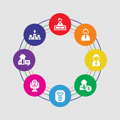 8 colorful round icons set included selection process, interview, resume, personal profile, salary, women, man, hiring