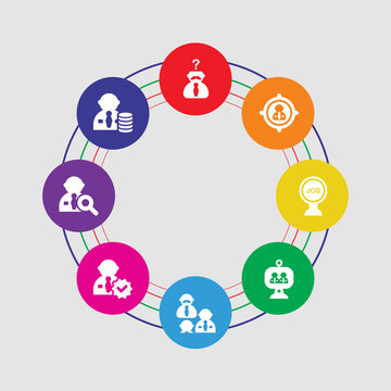 8 colorful round icons set included salary, recruitment, approval, interview, video conference, job, selection, thinking