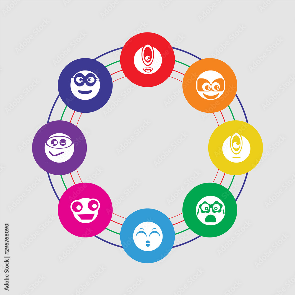Aufkleber 8 colorful round icons set included nerd, nerd, surprised, ti, nerd, cyclops, cyclops