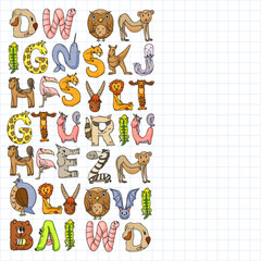 Animal alphabet. Zoo alphabet. Letters from A to Z. Cartoon cute animals. Elephant, dog, flamingo, giraffe, horse, alligator, bear, cat.