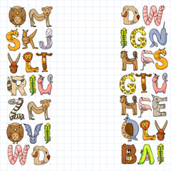 Animal alphabet. Zoo alphabet. Letters from A to Z. Cartoon cute animals. Elephant, dog, flamingo, giraffe, horse, alligator, bear, cat.