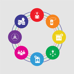 8 colorful round icons set included delivery, crowdfunding, leader, gif, crowdfunding, packaging, price tag, investor