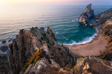 Fototapeta premium Praia da Ursa Beach from above. Rocky foreground with yellow flowers in sunset lit. Surreal scenery of Sintra, Portugal. Atlantic Ocean coastline landscape