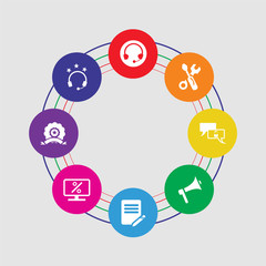 8 colorful round icons set included headphones, ribbon, rate, list, megaphone, support, edit, headphones