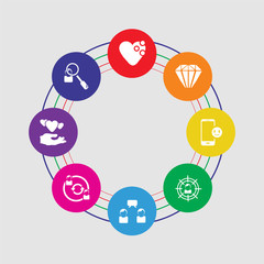 8 colorful round icons set included search, heart, connection, communication, target, mobile phone, diamond, heart