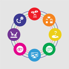8 colorful round icons set included calling, stamp, eye, video call, chat, question, customer service, translator
