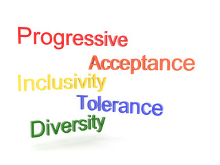 3D Texts saying progressive, acceptance, tolerance, inclusivity and diversity